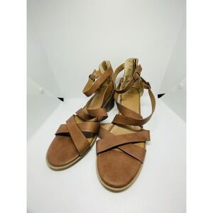 Jelly Pop Women's Size 10M Block Heel  Strappy Sandals Brown Leather Zip Up